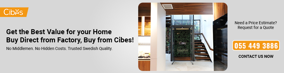 Cibes CTA banner showing a modern home lift installation with the message “Get the Best Value for your Home – Buy Direct from Factory, Buy from Cibes” and a contact number 055 449 3886.